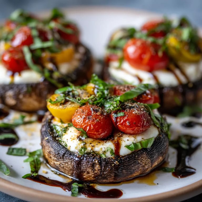 Caprese-stuffed portobello mushrooms on a plate.