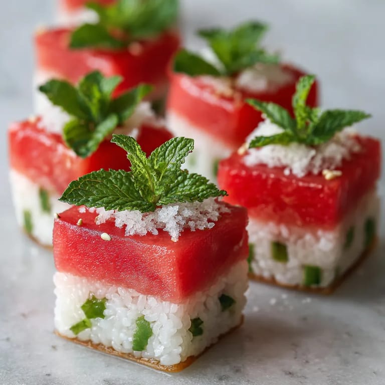 Watermelon sushi with coconut sticky rice and mint.
