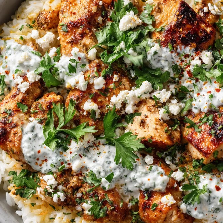 A dish of chicken with rice and sauce.