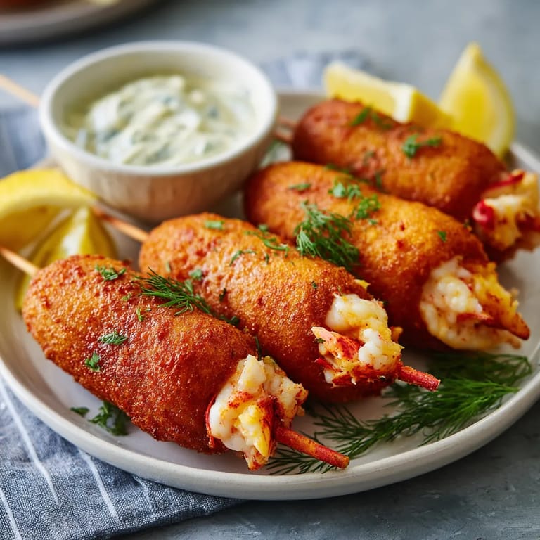 A plate of lobster corn dogs with lemon-dill aioli.
