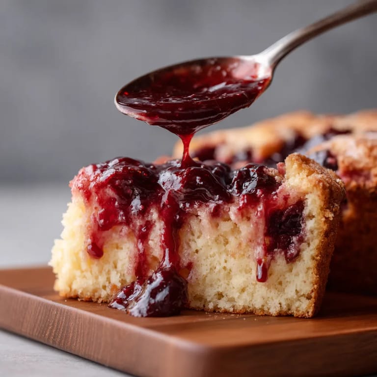 A slice of Tennessee Jam Cake with a spoonful of jam being poured on top.
