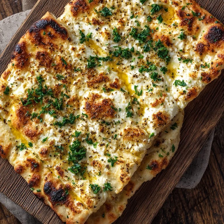 A flatbread with cottage cheese on it.