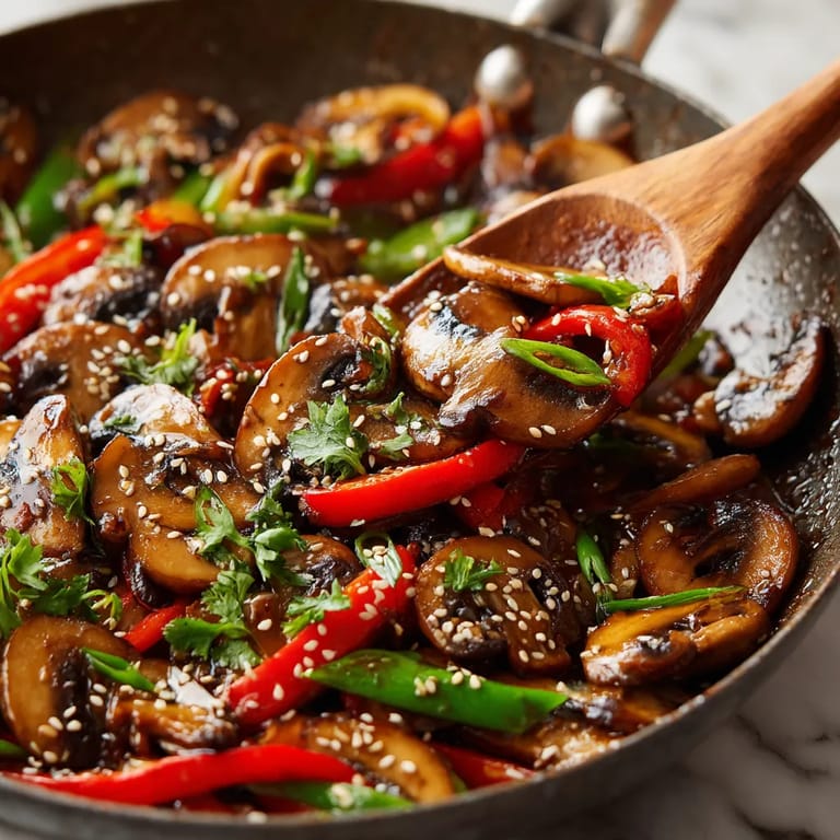 A pan of mushrooms and peppers with sauce.