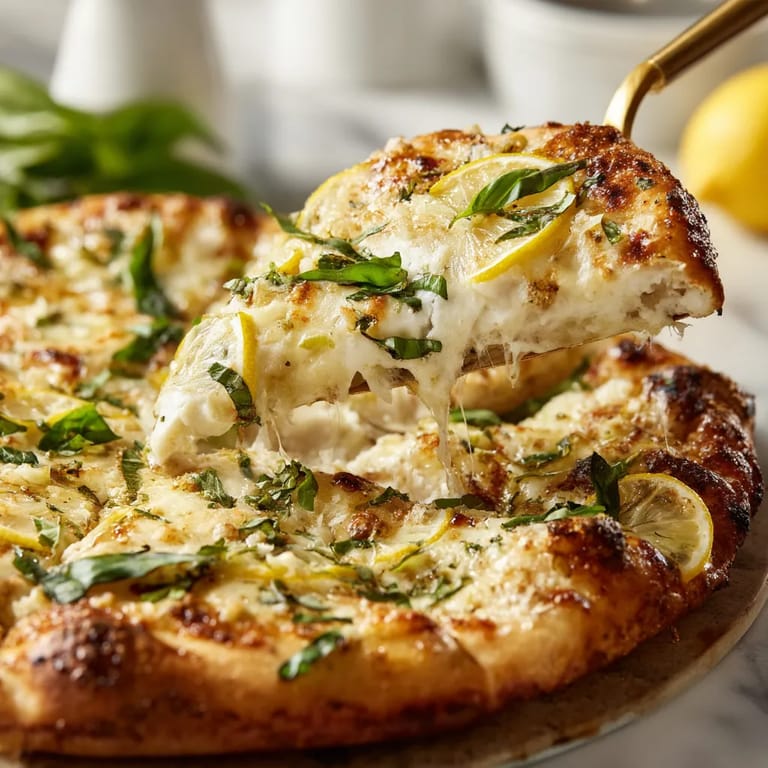 A slice of 3-Cheese Lemon Basil Pizza.