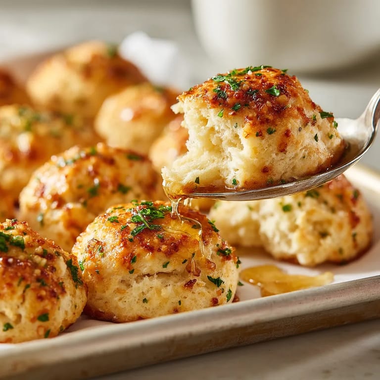 A spoon is in a pan of honey garlic parmesan biscuits.