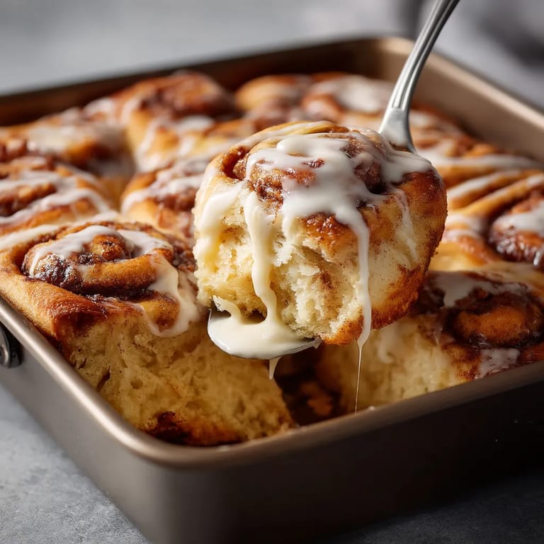 A fork is in a pan with a big and bubbly cinnamon roll focaccia.
