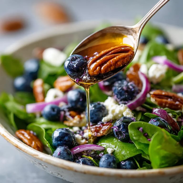 A bowl of blueberry goat cheese salad with a spoon in it.