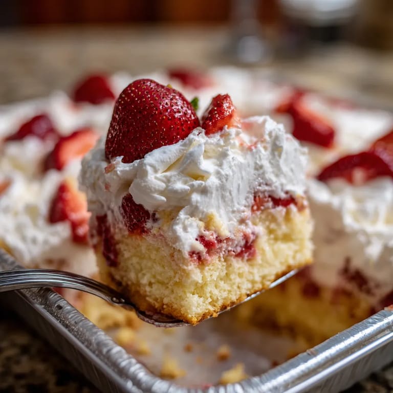 A slice of strawberry shortcake is being held in a metal pan.