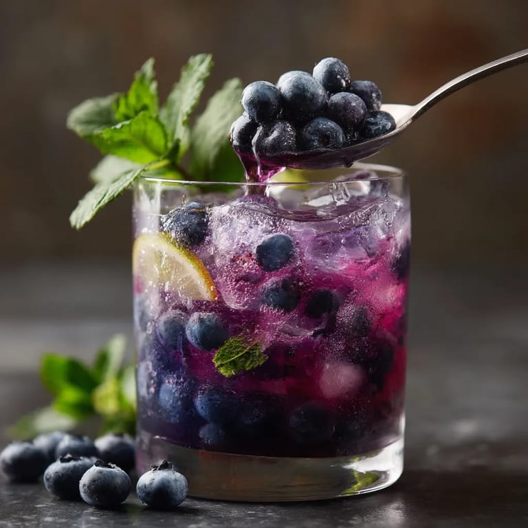 A glass of blueberry mint lemonade with a spoon in it.