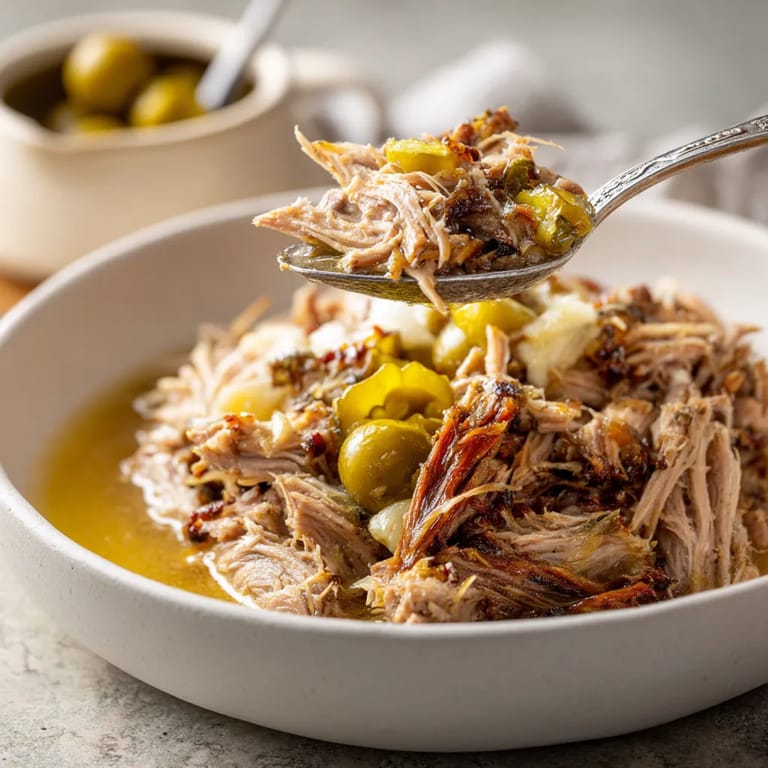 A white bowl filled with slow cooker Mississippi pork roast.