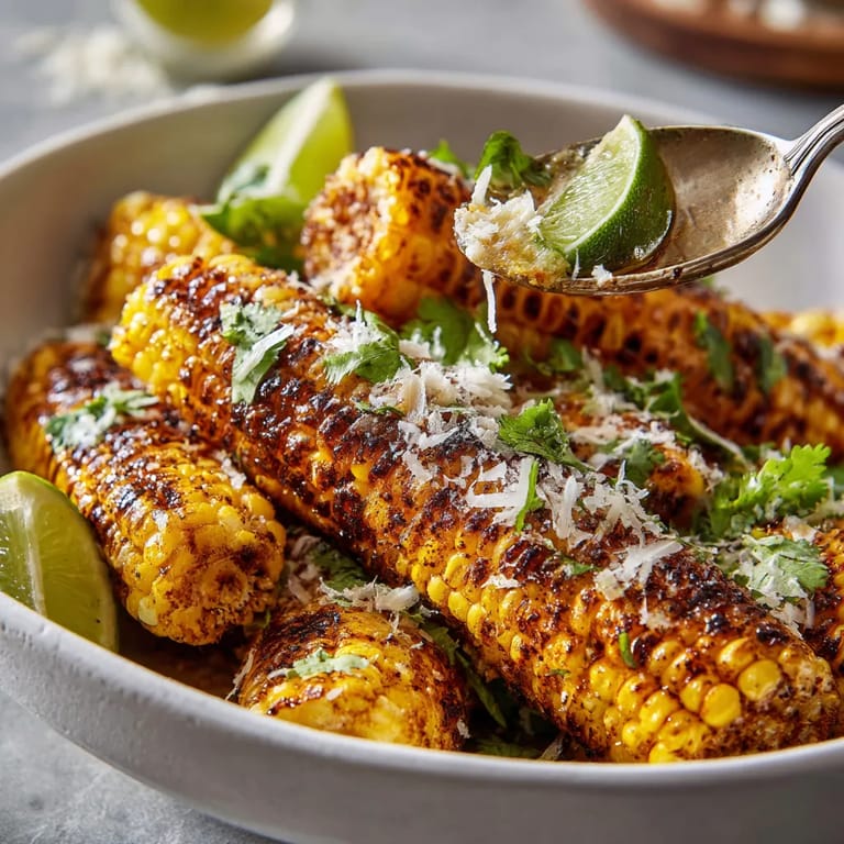 A bowl of grilled corn ribs with a spoon in it.