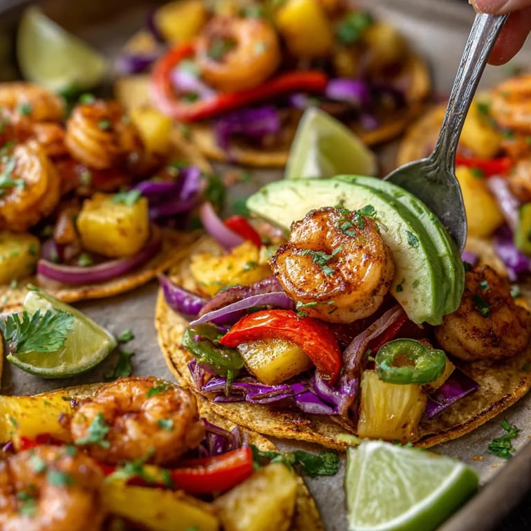 A person is eating a shrimp taco with pineapple and peppers.