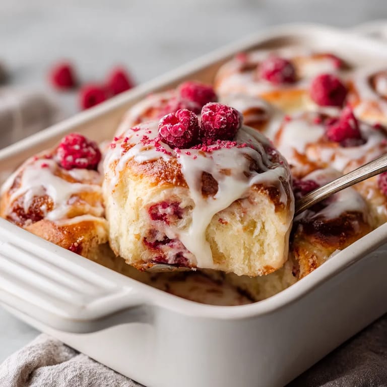 A white bowl filled with white chocolate and raspberry rolls.