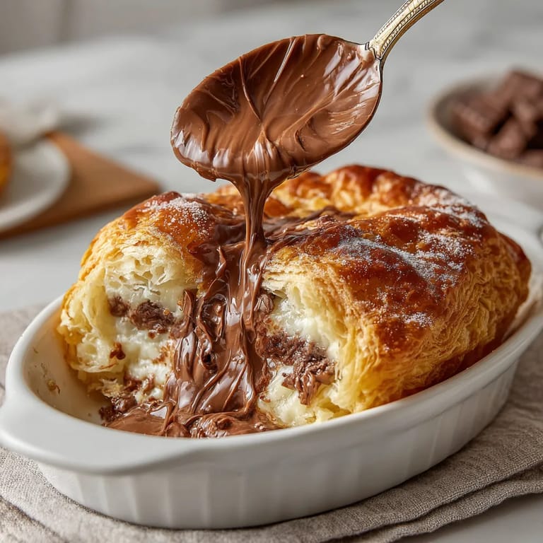 A giant pain au chocolat with caramel center is being drizzled with chocolate.