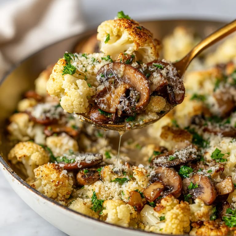 A skillet of garlic, mushroom and cauliflower.