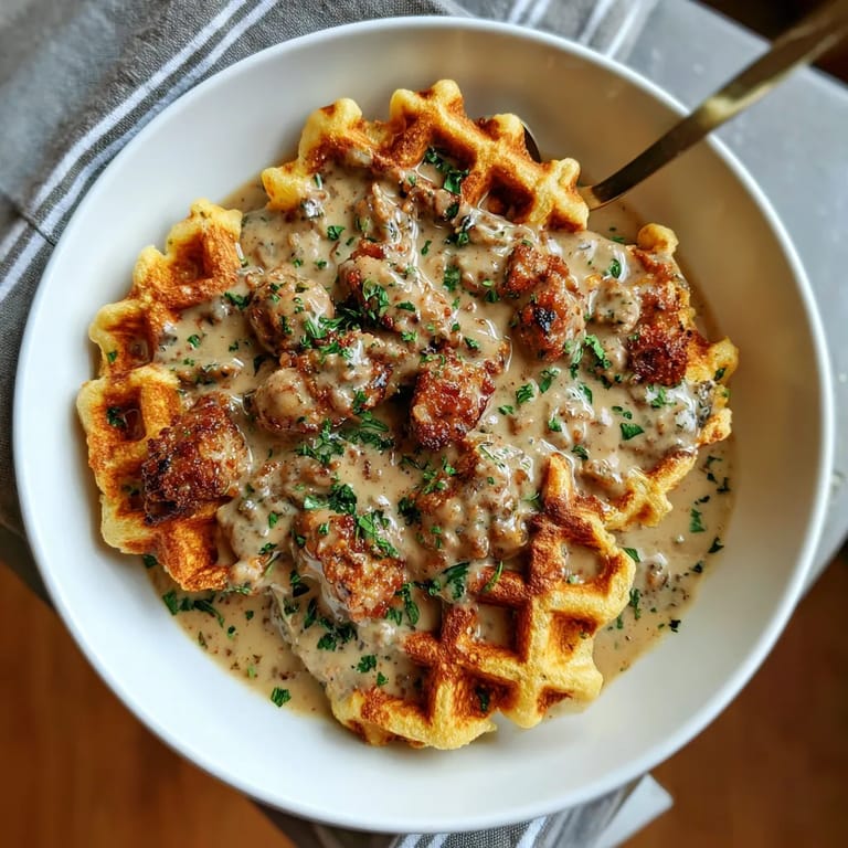 A plate of cornbread waffles with buttermilk gravy.