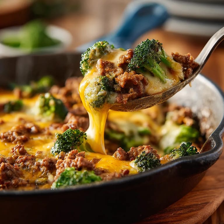 A skillet with a hamburger and broccoli.