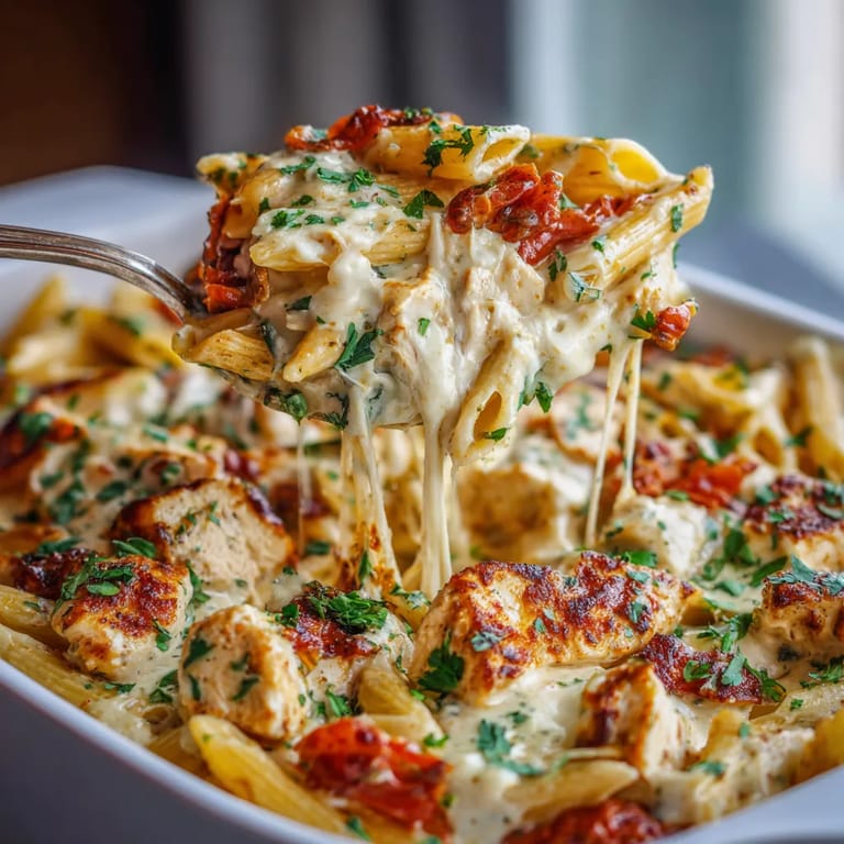 A delicious Cajun Cream Cheese Chicken Pasta Bake.
