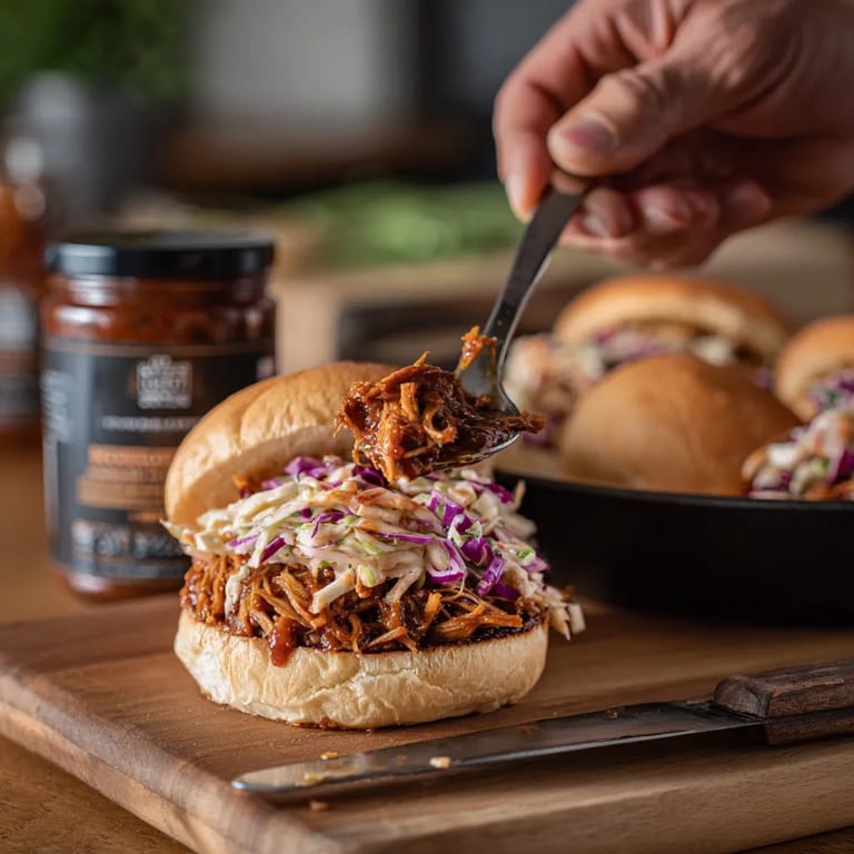 A person is cutting a BBQ Jackfruit Pulled-Pork slider.