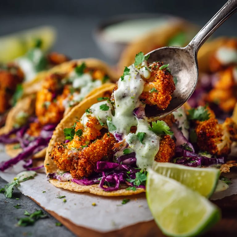A spoon is being used to scoop up some buffalo cauliflower tacos.