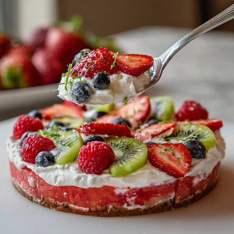 A slice of watermelon pizza with strawberries and blueberries.