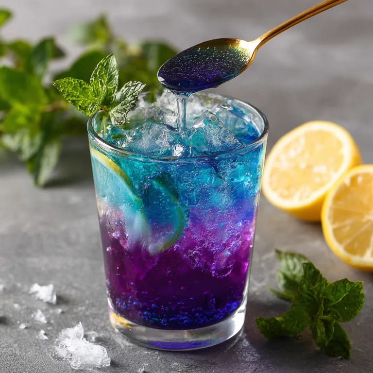 A glass of purple lemonade with a spoon in it.