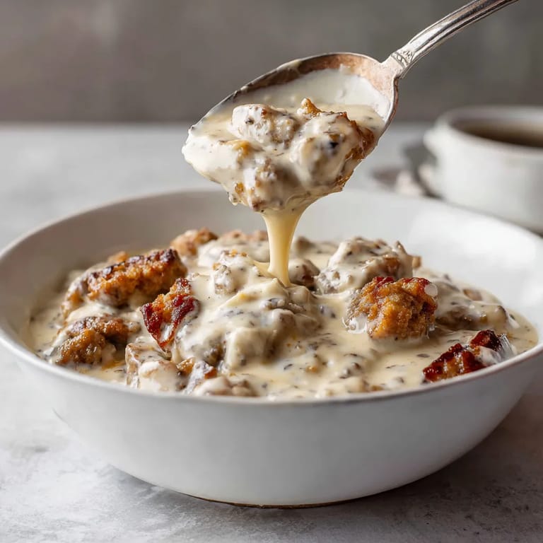 A spoon is being used to scoop up some sausage gravy.