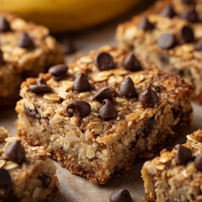 A close up of a baked oatmeal bar with chocolate chips.