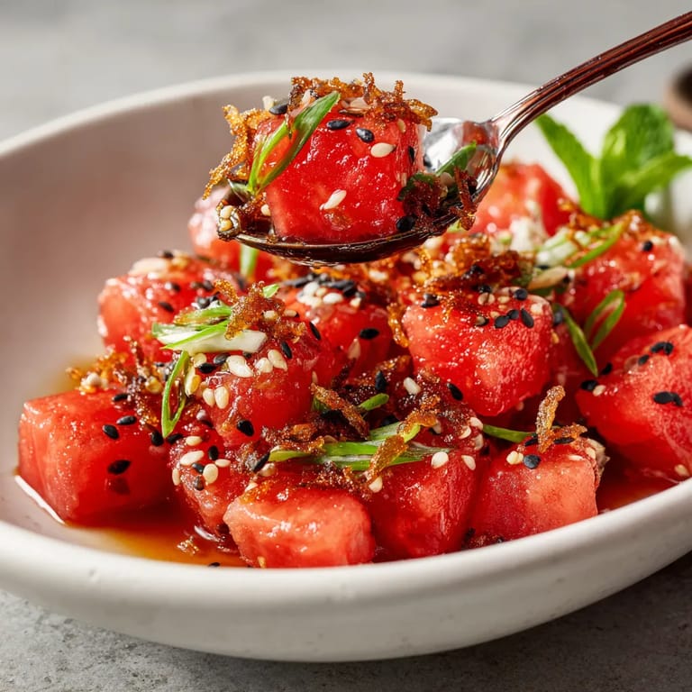 A bowl of watermelon with a spoon in it.