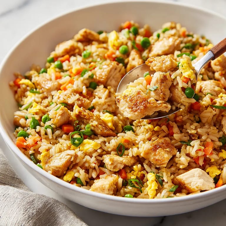A white bowl filled with rice and chicken.