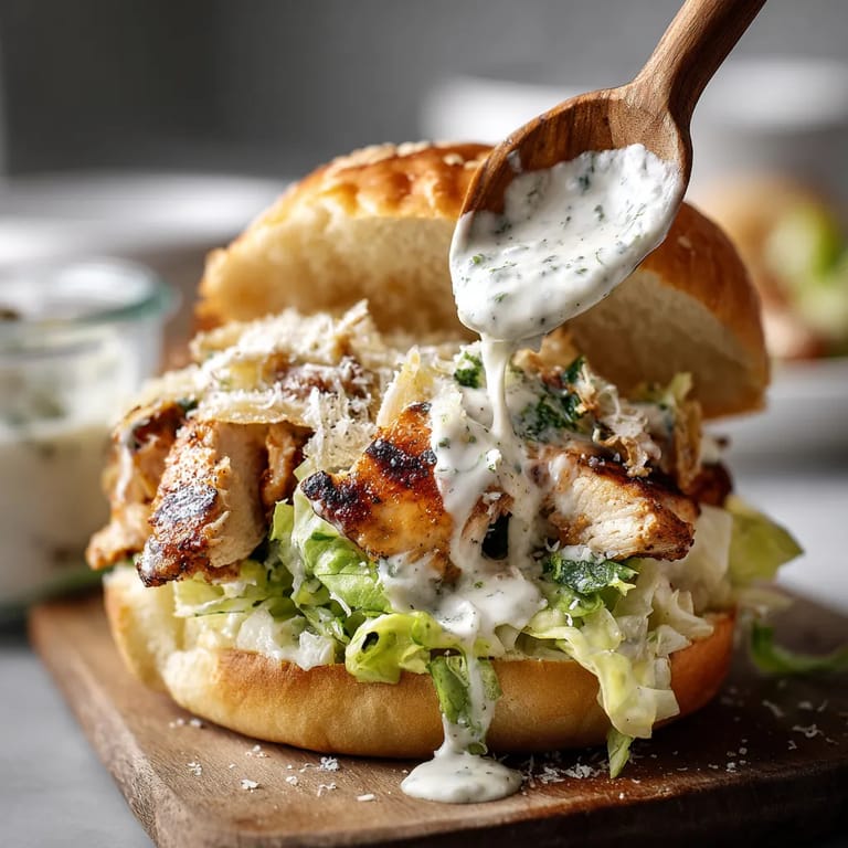 A chicken Caesar burger with sauce dripping from it.