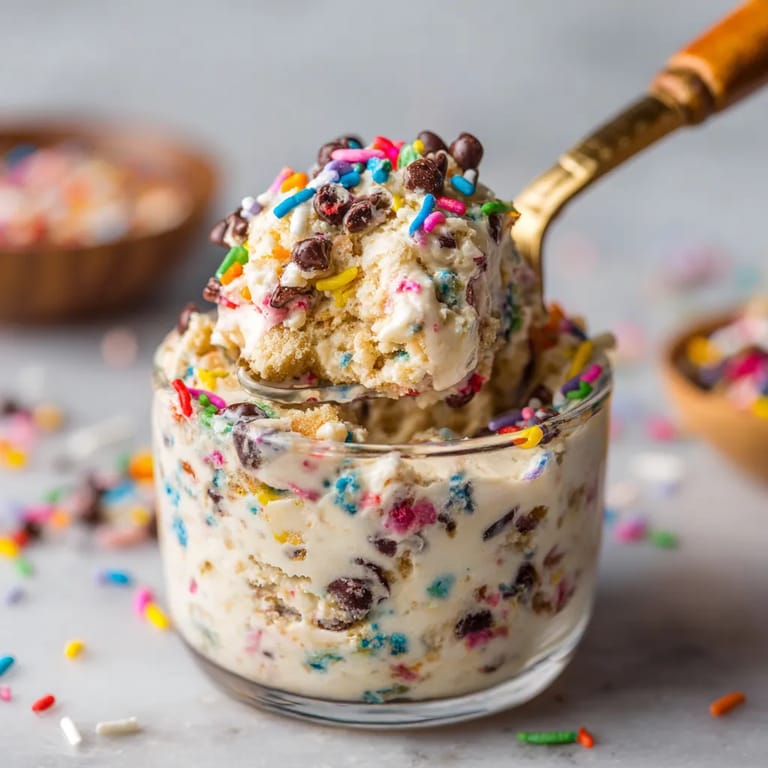 A cup of cookie dough ice cream with sprinkles.