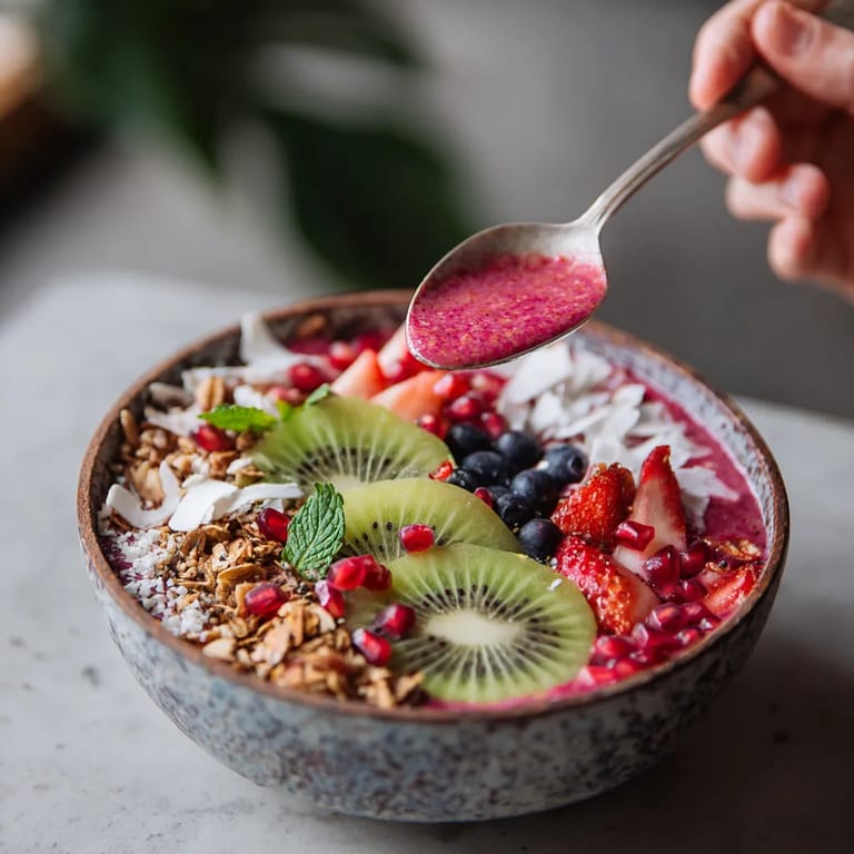 A person is scooping a spoonful of fruit from a bowl.