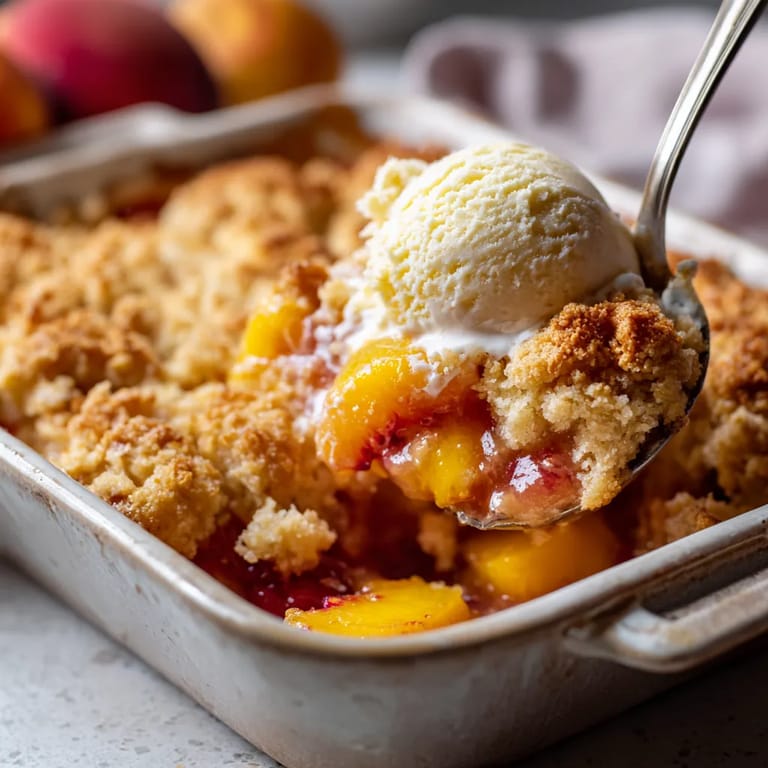 A spoon is being used to eat peach cobbler.