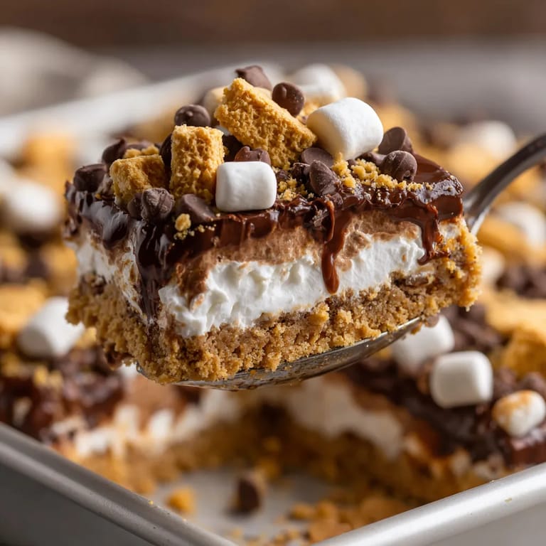 A close up of a delicious no-bake s'mores bar.