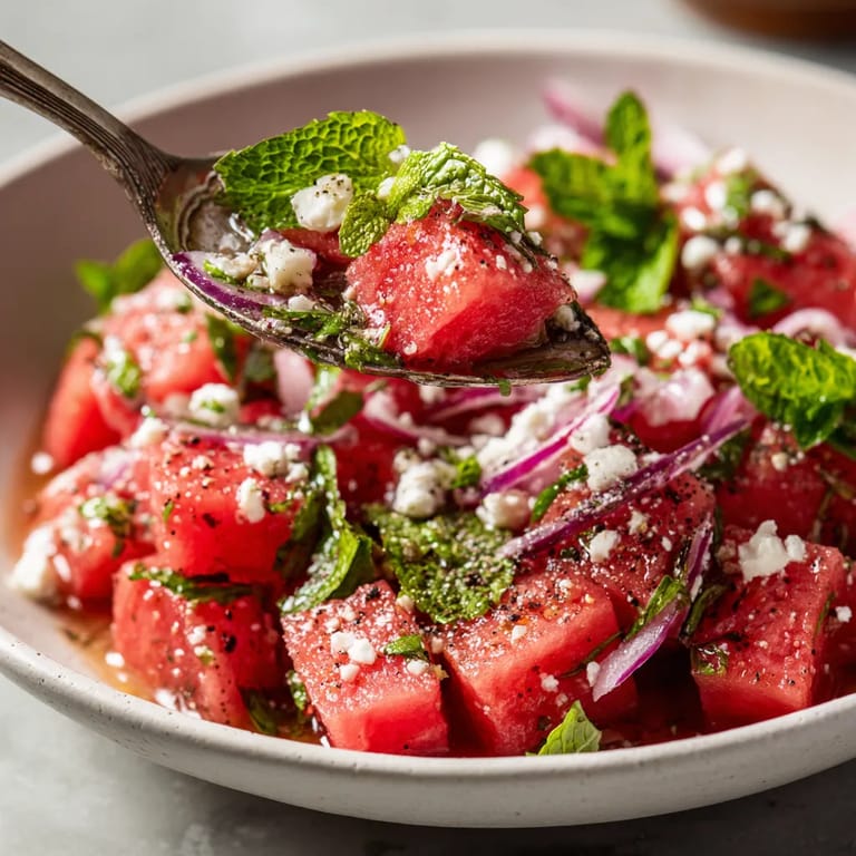A bowl of watermelon-feta-mint salad.