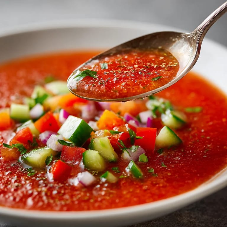 A spoon is being used to scoop up a bowl of gazpacho.