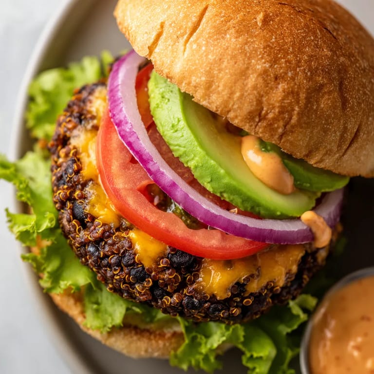 A black bean veggie burger with tomatoes, onions, and avocado.