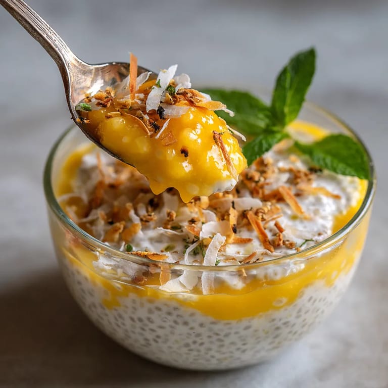 A spoon is in a bowl of coconut mango chia pudding.