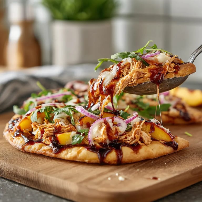 A flatbread with BBQ chicken and peaches.