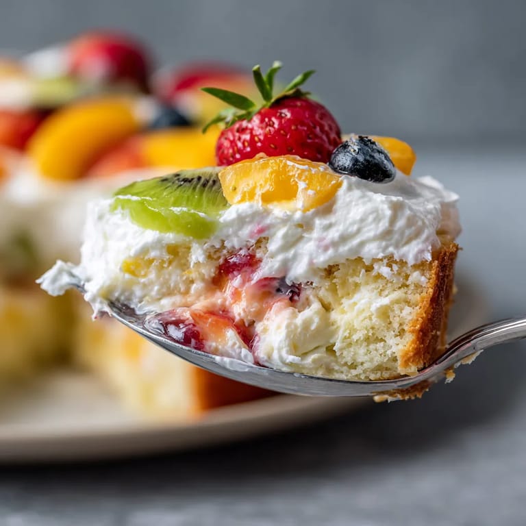 A slice of a fruit poke cake with lemon cream.
