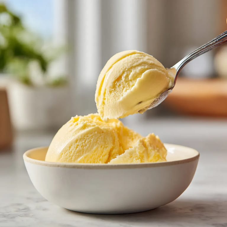 A person scooping Mirabelle Plum & Almond Sorbet.