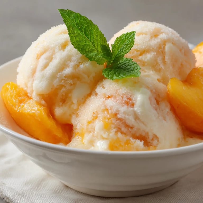 A bowl of white peach and orange blossom sorbet.
