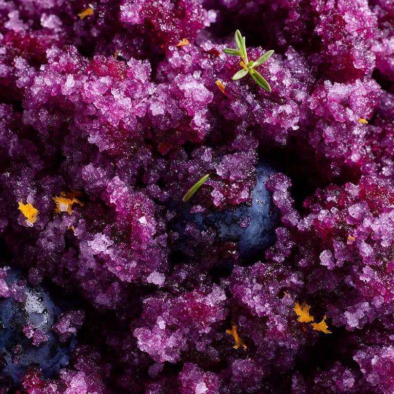 A close up of a blueberry lemon thyme granita.