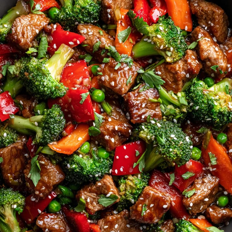 A stir fry with beef, broccoli, carrots, peppers, and peas.