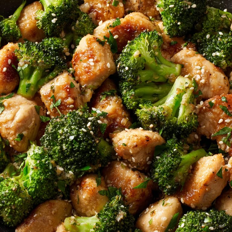 A dish of chicken and broccoli with garlic butter.