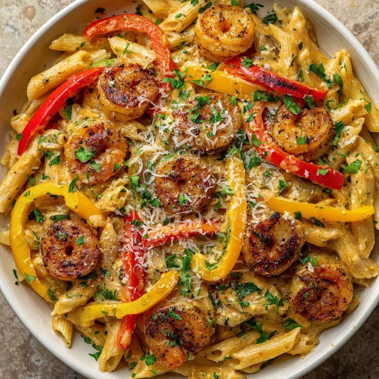 A bowl of creamy jamaican shrimp rasta pasta.