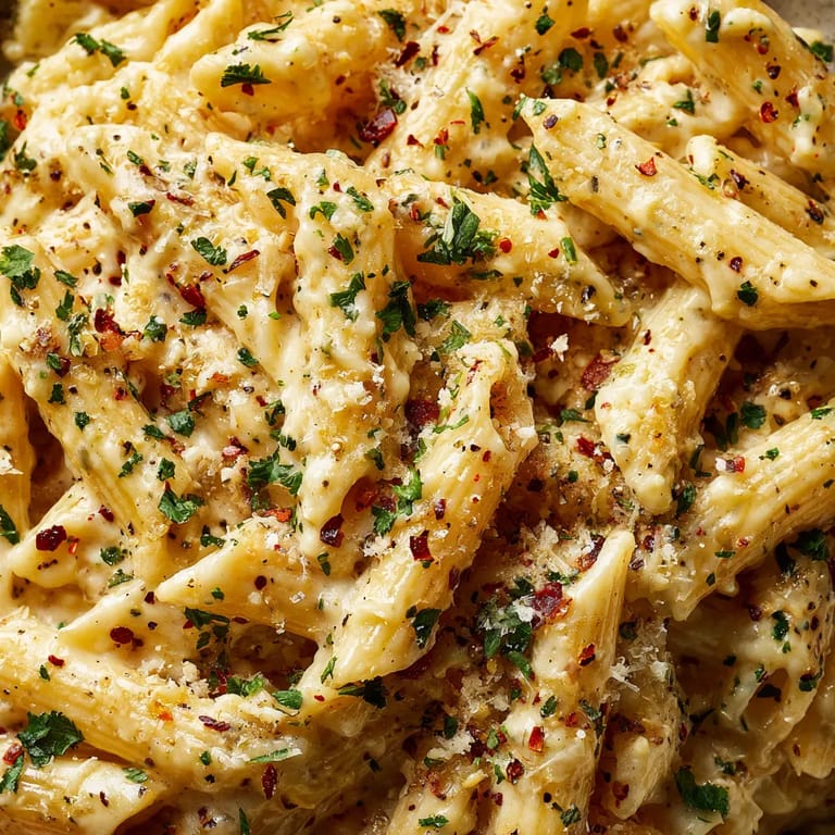 A close up of a bowl of creamy garlic penne pasta.