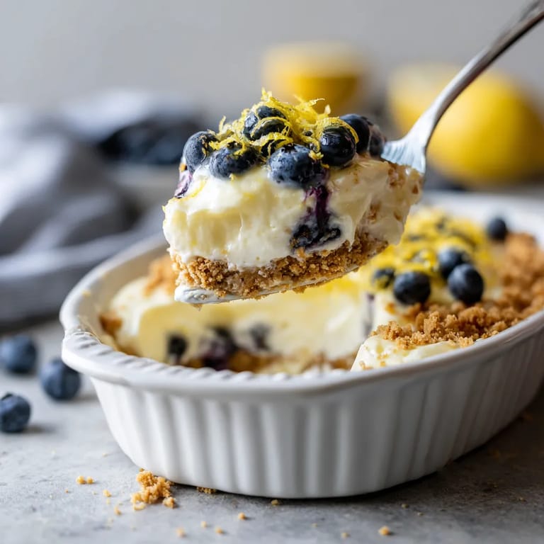 A fork is being used to eat a piece of a no-bake lemon dazzling blueberry cream cake.