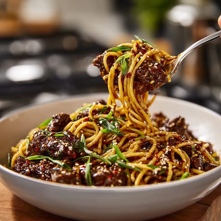 A person is eating spaghetti with meat and sauce.